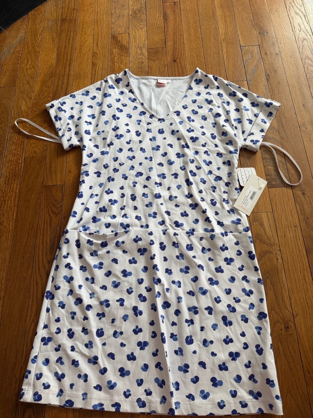 White V-Neck Dress with Blue Dot Print